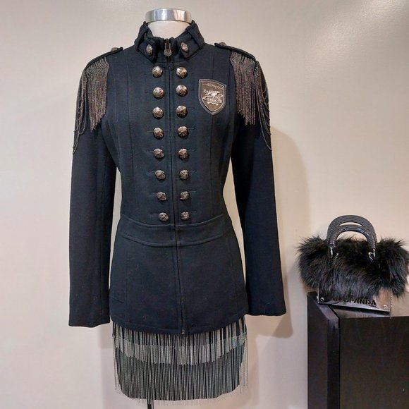 💥KILLER DESIGN💥Vintage Steampunk Chain Shoulder Military Wool Coat in Black - Picture 7 of 16